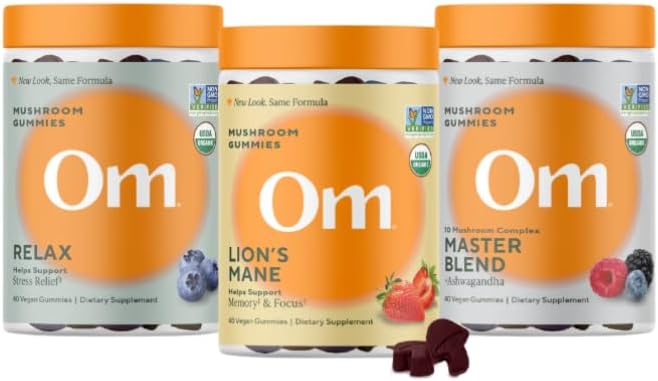 OM MUSHROOM SUPERFOOD Mushroom Gummies Variety Pack – Lion’s Mane Focus, Reishi Relax & Master Blend Multivitamin – Supports Brain, Mood, Immune & Overall Wellness – 3 Pack, 40 Count Each.