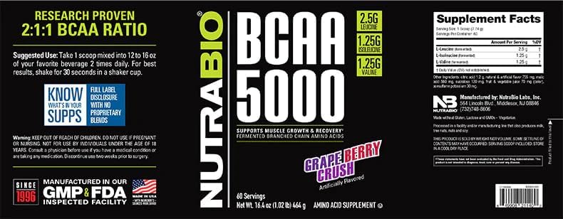 NutraBio BCAA 5000 Powder - Vegan Fermented BCAAs - Supports Lean Muscle Growth, Recovery, Endurance - 60 Servings - Grape Berry Crush