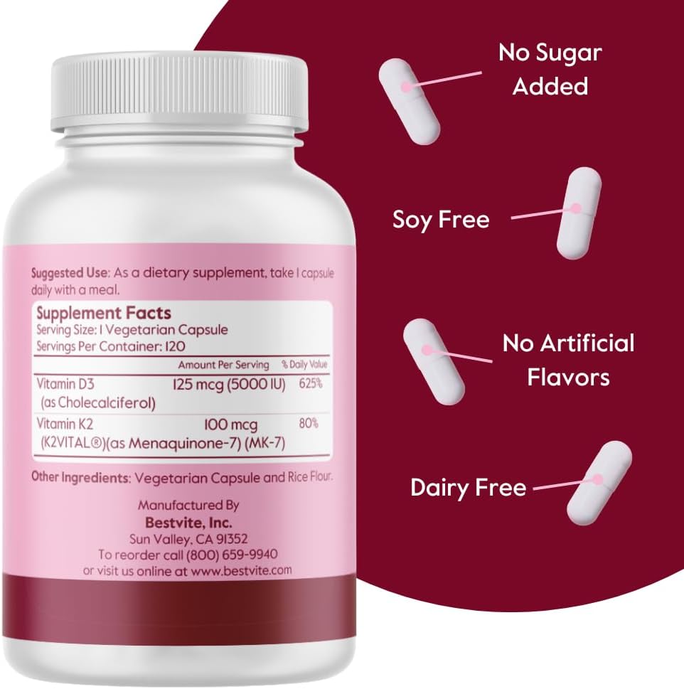 BESTVITE Vegan Vitamin D3 5000 IU + Vitamin K2 100 mcg as MK-7 (120 Vegetarian Capsules) - No Stearates - Vegan - Non GMO - Gluten Free