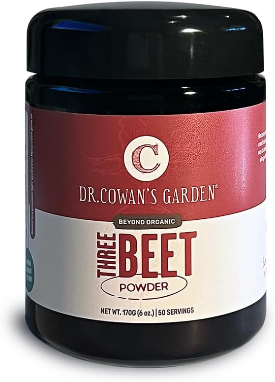 Dr. Cowan's Garden Three Beet Powder with Organic Beets: Detroit red, chiogga, and Golden Beets; in Miron Glass jar. USA Grown, 50 Servings