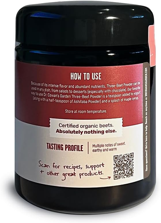 Dr. Cowan's Garden Three Beet Powder with Organic Beets: Detroit red, chiogga, and Golden Beets; in Miron Glass jar. USA Grown, 50 Servings