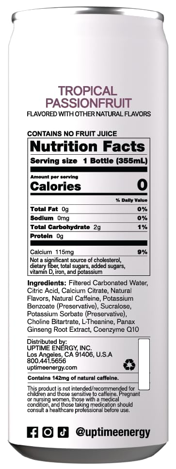 UPTIME - Tropical Passionfruit 12 Pack - Zero Sugar Premium Energy Drink, 12oz Cans, Natural Caffeine, Natural Flavors