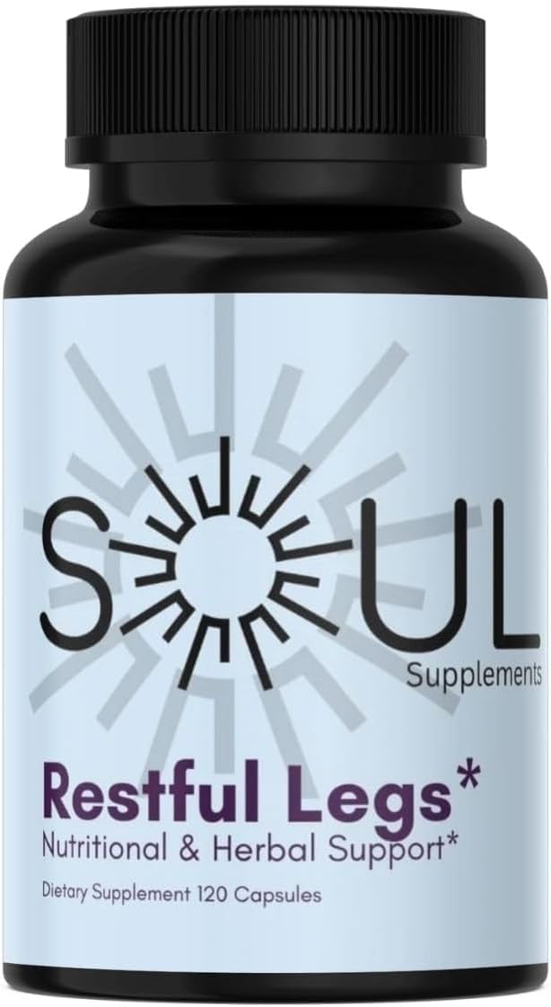 Soul Supplements Restful Legs Support - 225mg Magnesium Glycinate with Vitamin D, Iron, B6, Zinc & Herbal Blend - Nighttime Muscle & Nerve Comfort - 120 Capsules