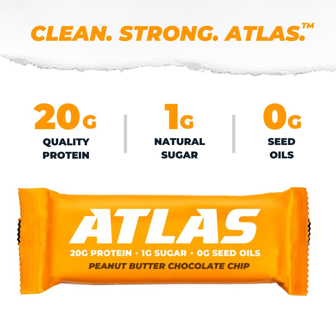 Atlas Bar – 20g Protein, 1g Sugar, 0g Seed Oils, 0g Artificial Sweeteners (12 Count, Peanut Butter Chocolate Chip)