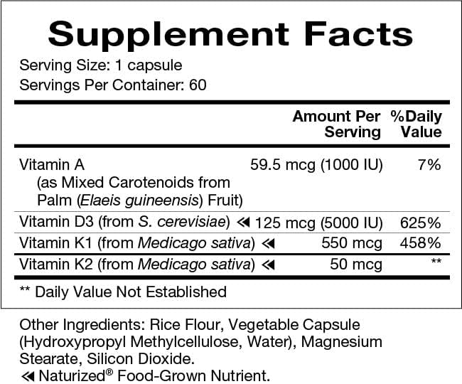 Natura Health Products Vitamin D-A-K Supplement - Supports Healthy Bone, Heart and Vision Function, Featuring Vitamins D3 5000 IU, A 1000 IU, K2 50 mcg, K1 550 mcg, Bioavailable (60 Capsules)