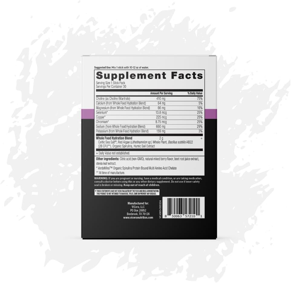 Electrolyte Powder, Very Berry Flavor, Hydration Packets with Celtic Sea Salt, Magnesium, Calcium, Choline, Potassium, Probiotics and Trace Minerals, Gluten Free Drink Mix, Non GMO, 30 Count