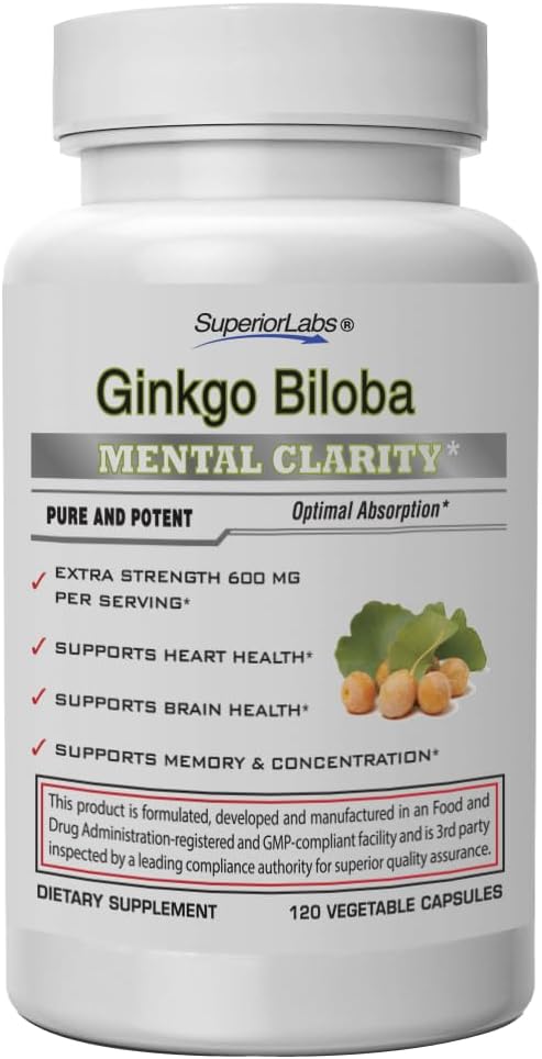 Superior Labs Ginkgo Biloba 1200 mg, Non-GMO, Black Pepper for Increased Absorption, Ginkgo Extract, Improves Memory & Focus, Circulation Booster, Natural Antioxidant Nootropic, 120 Veg Caps