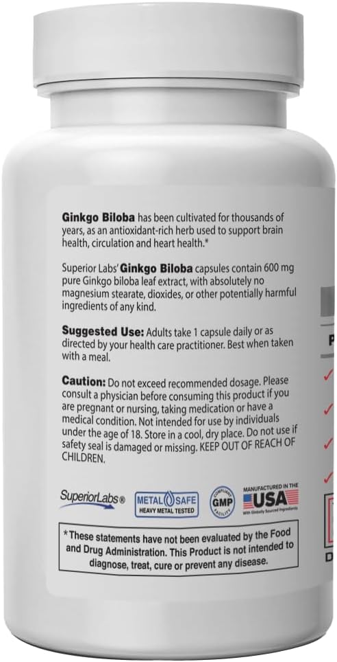 Superior Labs Ginkgo Biloba 1200 mg, Non-GMO, Black Pepper for Increased Absorption, Ginkgo Extract, Improves Memory & Focus, Circulation Booster, Natural Antioxidant Nootropic, 120 Veg Caps