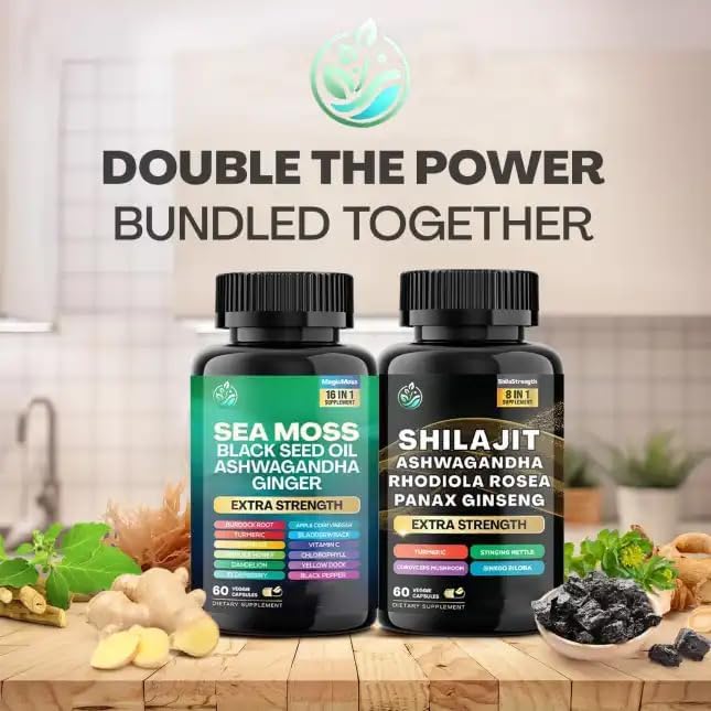 Sea Moss and Shilajit Bundle, Sea Moss 7000mg, Black Seed Oil 4000mg, Ashwagandha 2000mg, Ginger & Shilajit 9000mg, Rhodiola Rosea 1000mg, Panax Ginseng (120 Count)
