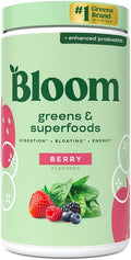 Bloom Nutrition Superfood Greens Powder, Digestive Enzymes with Probiotics and Prebiotics, Gut Health, Bloating Relief for Women, Chlorella, Green Juice Mix with Beet Root Powder, 60 SVG, Berry
