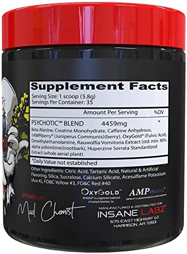 Insane Labz Psychotic, High Stimulant Pre Workout Powder, Extreme Lasting Energy, Focus and Endurance with Beta Alanine, Creatine Monohydrate DMAE, 35 Srvgs (Hawaiian Orange)
