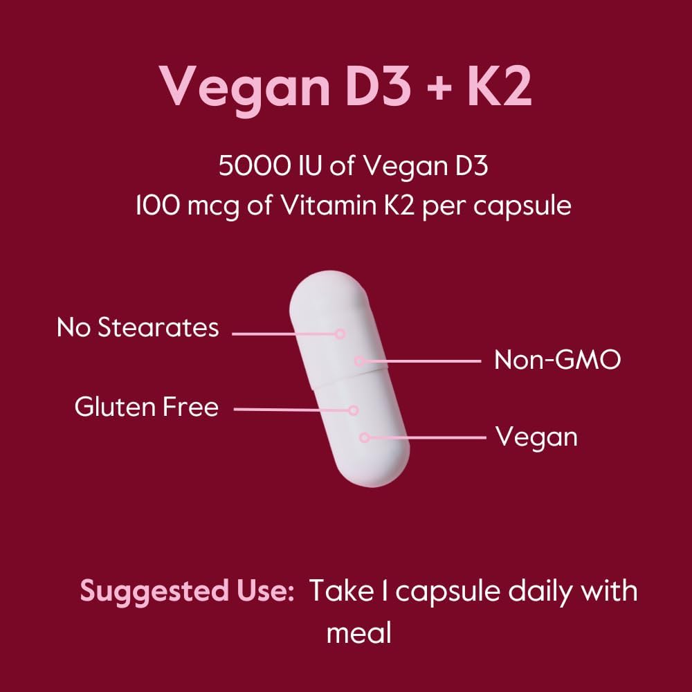 BESTVITE Vegan Vitamin D3 5000 IU + Vitamin K2 100 mcg as MK-7 (120 Vegetarian Capsules) - No Stearates - Vegan - Non GMO - Gluten Free