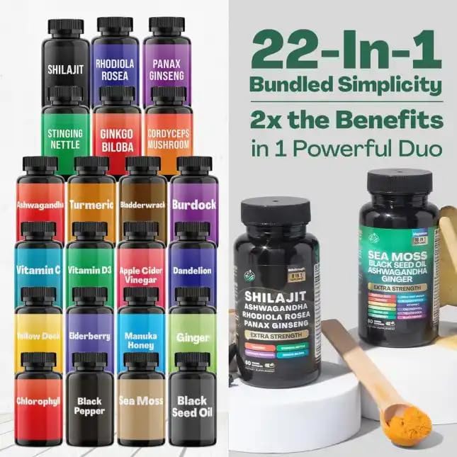 Sea Moss and Shilajit Bundle, Sea Moss 7000mg, Black Seed Oil 4000mg, Ashwagandha 2000mg, Ginger & Shilajit 9000mg, Rhodiola Rosea 1000mg, Panax Ginseng (120 Count)