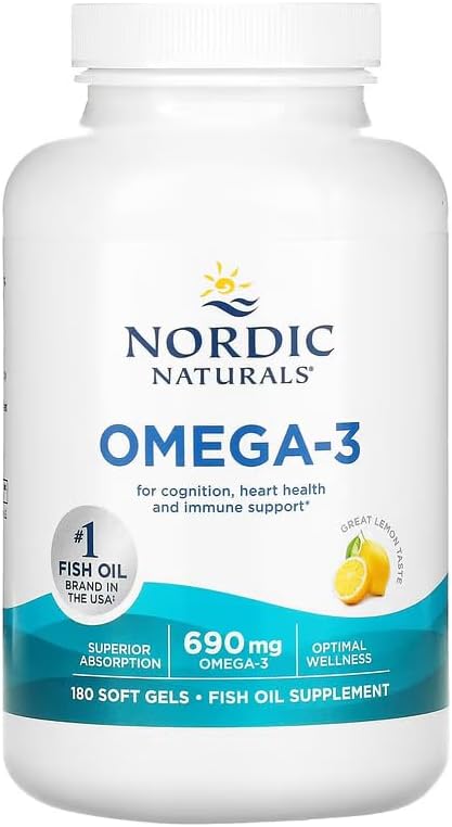 Nordic Naturals Omega-3, Lemon Flavor - 180 Soft Gels - 690 mg Omega-3 - Fish Oil - EPA & DHA - Immune Support, Brain & Heart Health, Optimal Wellness - Non-GMO - 90 Servings
