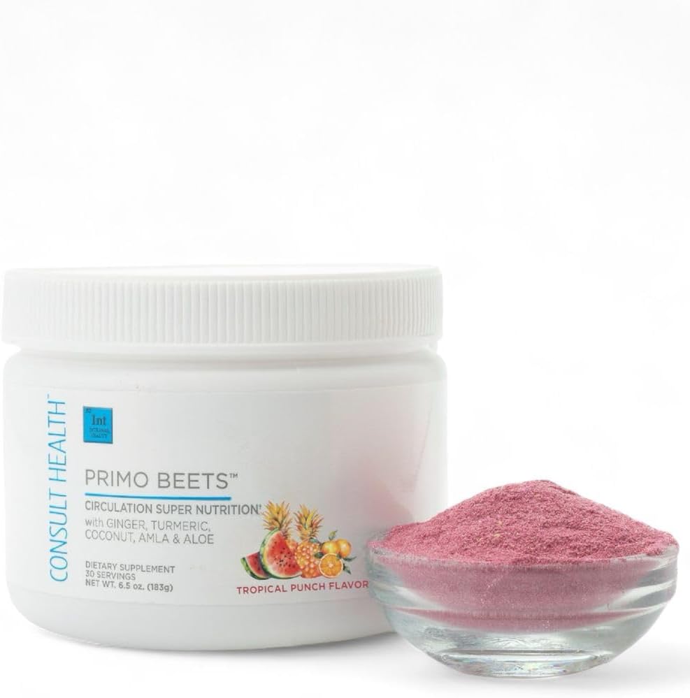 Consult Health Primo Beets - Beet Root Powder Drink Mix with Electrolytes - Nitrates to Support Circulation - Energy Boost - Ginger & Turmeric - Men & Women - Tropical Punch Flavor - 30 Servings