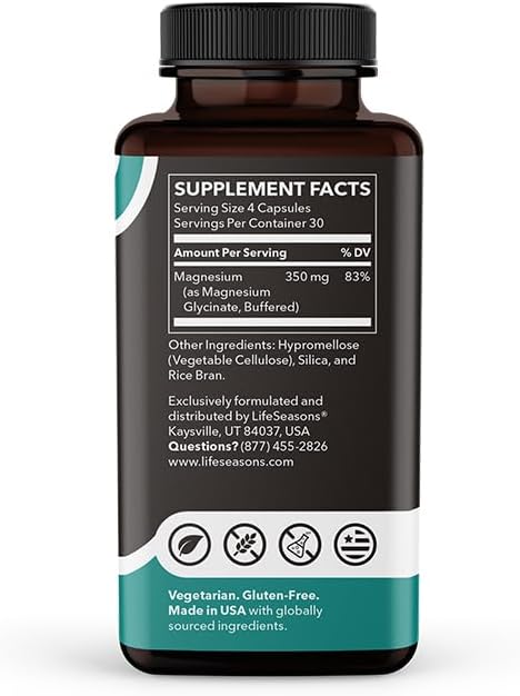 LifeSeasons Magnesium Glycinate 350 mg – Highly Absorbable Magnesium Supplement for Sleep Support, Calm Mood & Muscle Relaxation – Vegan, Gluten‑Free, 120 Vegetarian Capsules