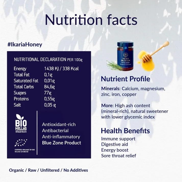 Greek Superherbs - Ikaria Honey, Thyme, 460g (16.2 oz) - 100% Organic, Raw, Unfiltered Blue Zone Longevity Honey with Earthy Flavor - Antioxidant Rich Superfood for Wellness, Energy & Immunity Support