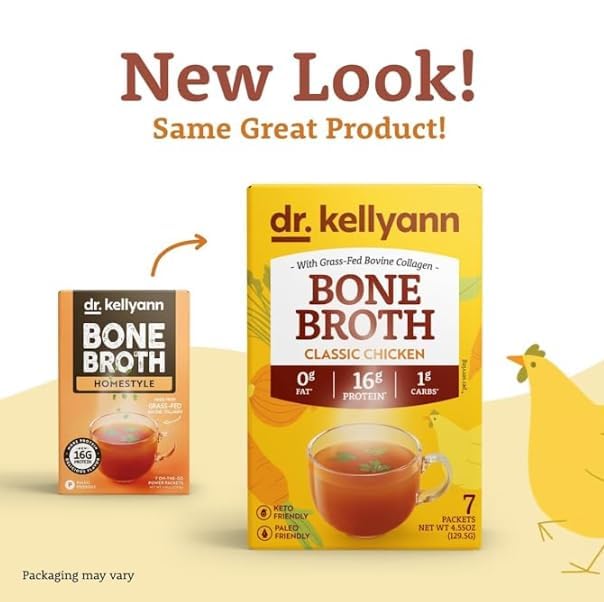 Dr. Kellyann Bone Broth Collagen Powder Packets (7 Servings) – 16g Protein, Grass-Fed Hydrolyzed Collagen, Keto & Paleo-Friendly