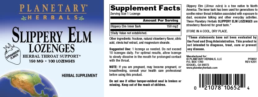 Planetary Herbals Slippery Elm Strawberry Lozenges, Herbal Throat Support, 100 Lozenge