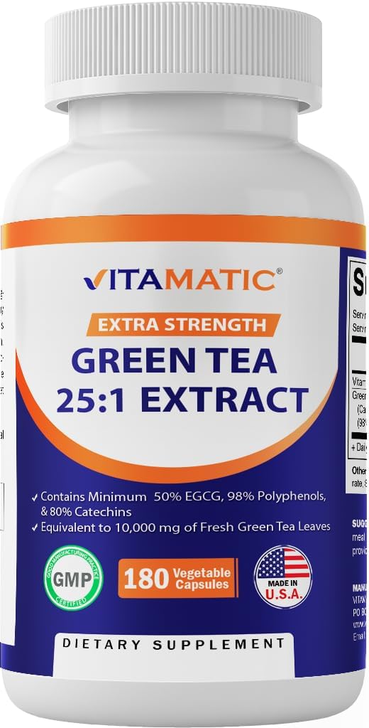Vitamatic Green Tea Extract with Vitamin C, 25X Concentrate, 98% Polyphenols, 80% Catechins, 50% EGCG, 180 Veg Capsules