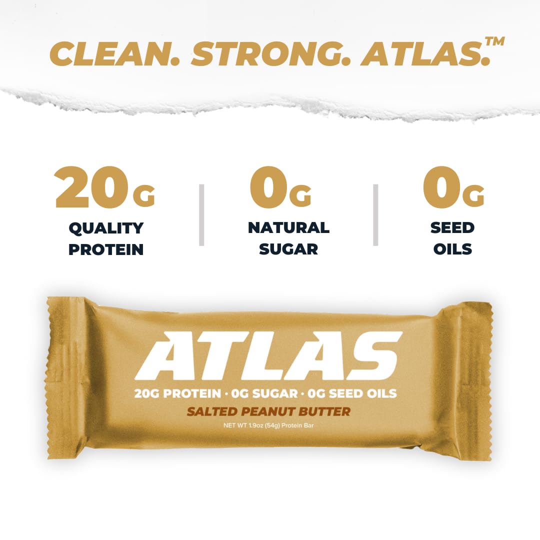 Atlas Bar – 20g Protein, 1g Sugar, 0g Seed Oils, 0g Artificial Sweeteners (12 Count, Salted Peanut Butter)