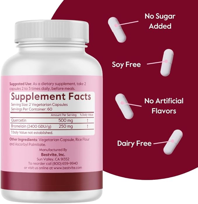 BESTVITE Quercetin with Bromelain 500mg/250mg (120 Vegetarian Capsules) - No Stearates - No Silicon Dioxide - Vegan - Non GMO - Gluten Free