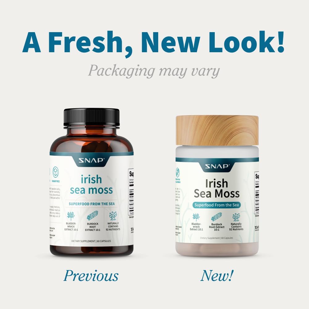 Irish Sea Moss Capsules w/Bladderwrack, Burdock Root & Iodine Energy Support - Seamoss Supplement to Elevate Mood, Strengthen Immunity & Digestion, Renew Skin Tone - Seamoss Pills (60 Capsules)