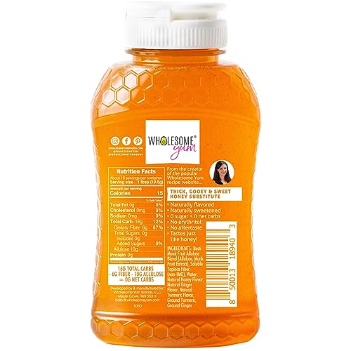 Wholesome Yum Turmeric Ginger Zero Sugar Honey Substitute (Keto) - Natural Sugar Free Honey Alternative With Monk Fruit & Allulose - 0 Net Carbs, Non-GMO, Gluten Free, No Aftertaste (11 oz)