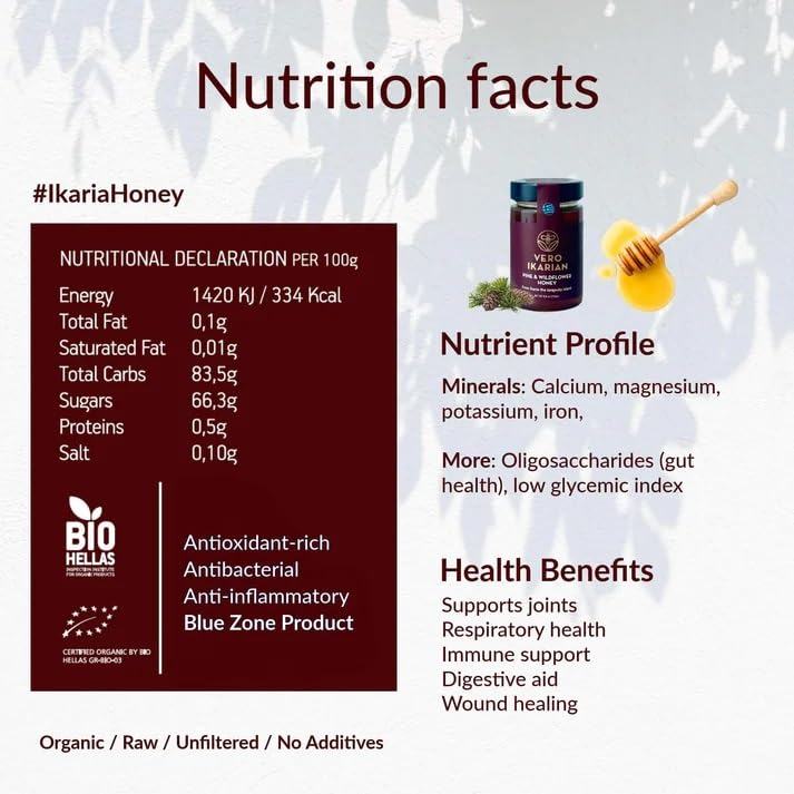 Greek Superherbs - Ikaria Honey, Pine & Wildflower 250g (8.8 oz) - 100% Organic, Raw, Unfiltered Blue Zone Longevity Honey with Earthy Flavor - Antioxidant Rich for Wellness, Energy & Immunity Support