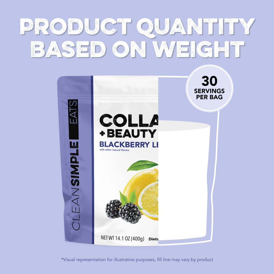 Clean Simple Eats Collagen Powder + Beauty Blend, BlackBerry Lemonade, Hydrolyzed Collagen Peptides from Grass Fed Bovine & Chicken, Hyaluronic Acid for Hair, Skin, Nail & Joint Support, 30 Servings