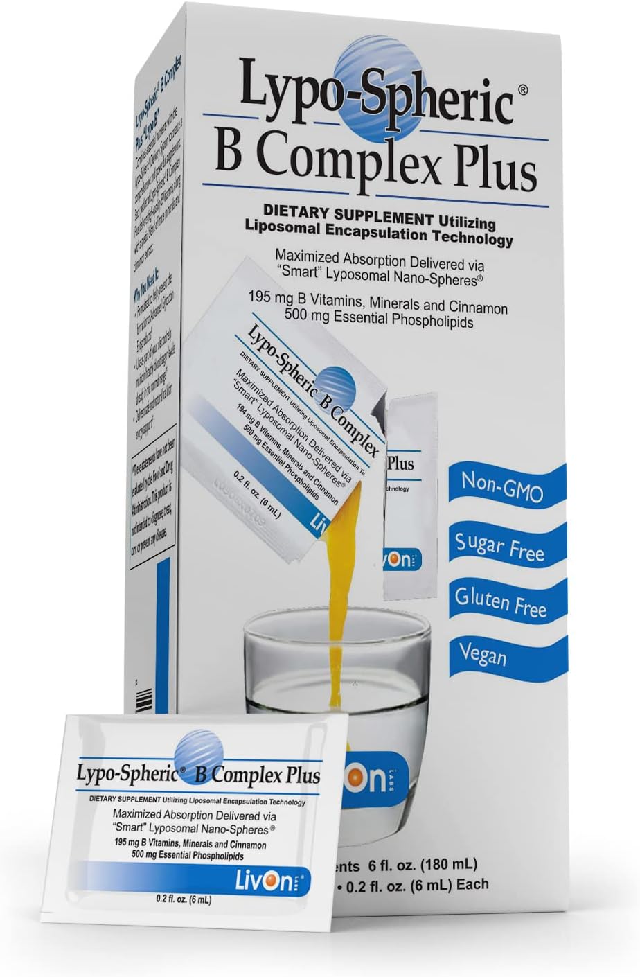 LivOn Laboratories Lypo–Spheric B Complex Plus – 30 Packets – 195 mg B Vitamins, Minerals & Cinnamon Per Packet – Liposome Encapsulated for Improved Absorption – 100% Non–GMO