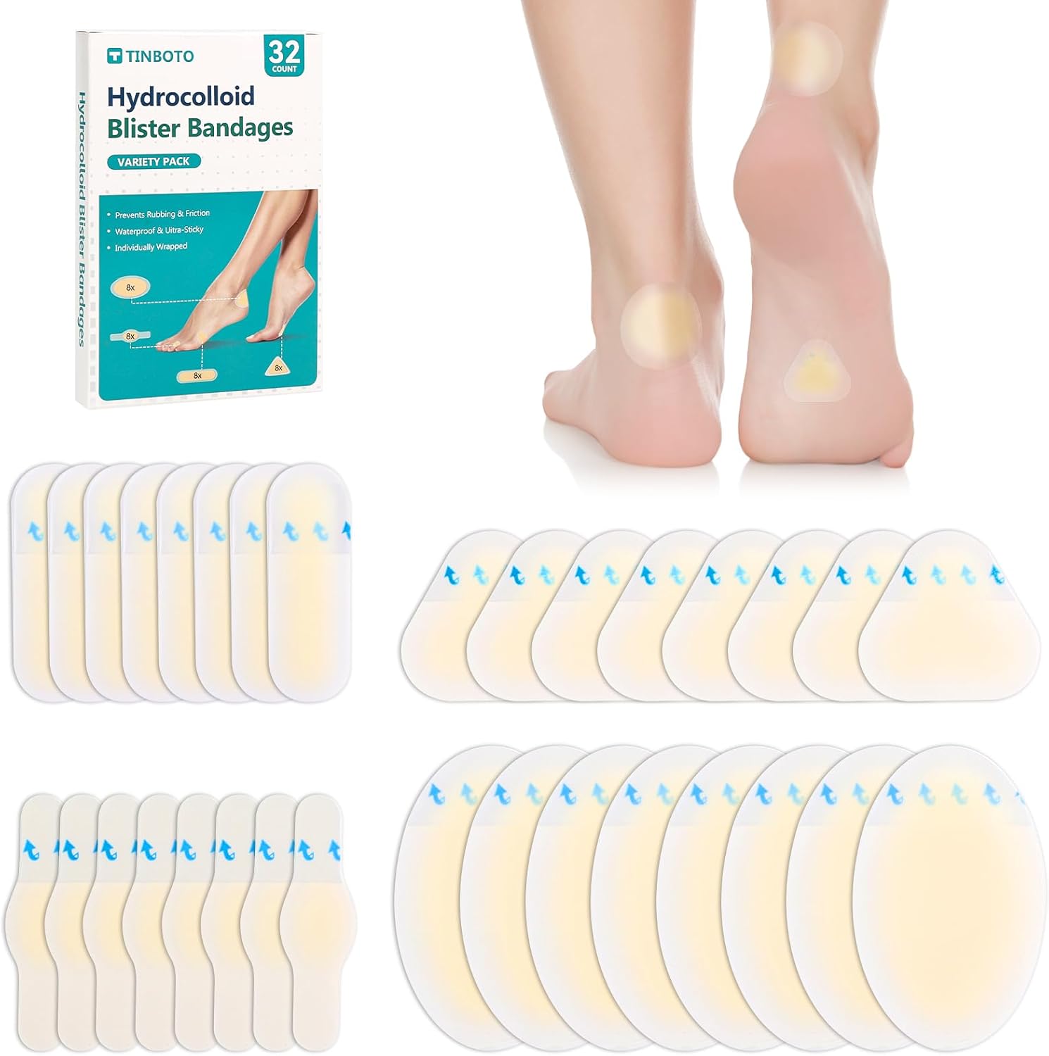 32PCS Hydrocolloid Blister Bandages for Feet – Waterproof Hydrocolloid Bandages, Gel Blister Pads for Heel & Toe, Blister Cushions for Prevention & Faster Recovery (Spot Pack)