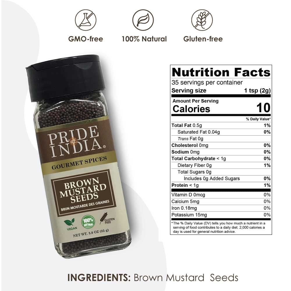 Pride of India – Brown Mustard Seed Whole – Gourmet Indian Spice – Hot & Spicy Flavor – Ideal seasoning for sauces/dips/spice blends – Easy to Use – 2.5 oz. Small Dual Sifter Bottle