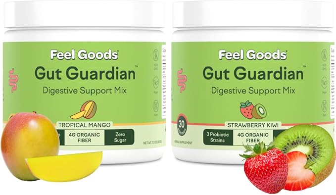 Feel Goods Gut Guardian Prebiotic Powder Bundle, Sugar-Free, Organic Fiber & Herbs for Bloat, Gut & Digestive Health Support for Men & Women, Non-GMO – Strawberry Kiwi & Tropical Mango, 60 Servings