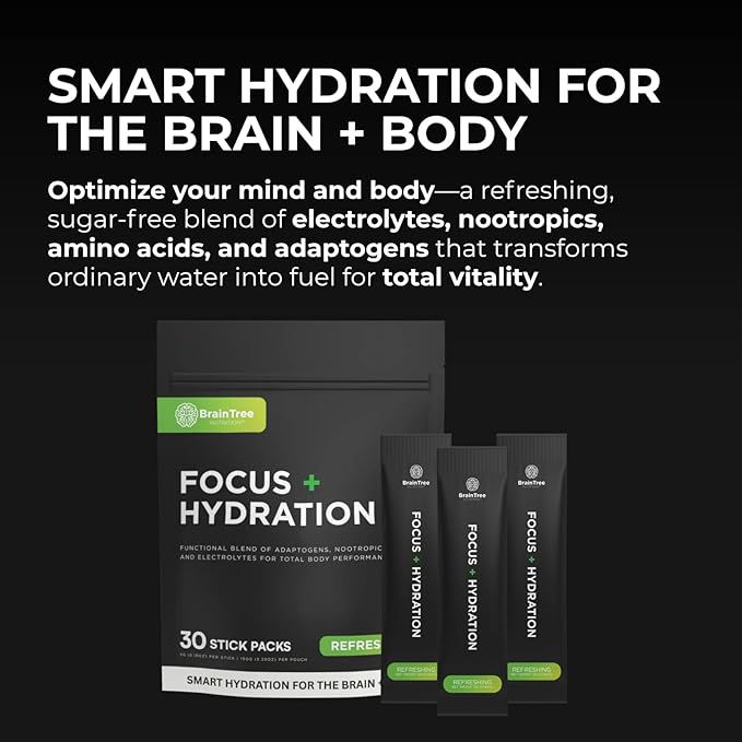 BrainTree Nutrition - Focus + Hydration - Electrolyte Drink Mix - Total Body Hydration - Supports Cognitive Function, Energy & Muscle Recovery - Sugar Free - Refreshing - 30 Stick Packs