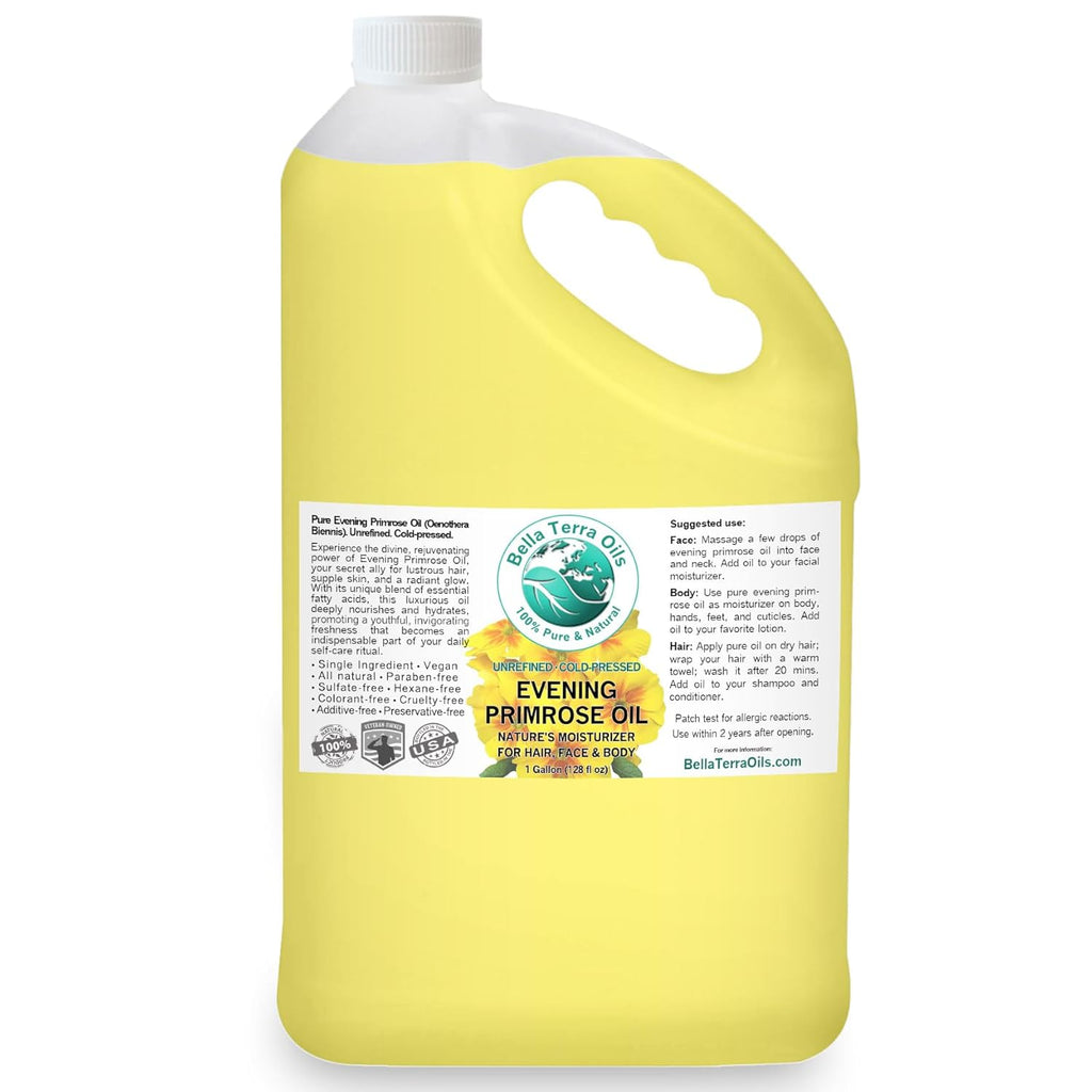Bella Terra Oils Pure Evening Primrose Oil for Radiant Skin and Lustrous Hair – 1 gallon, Nutrient-Rich, Non-Greasy, Quick Absorb