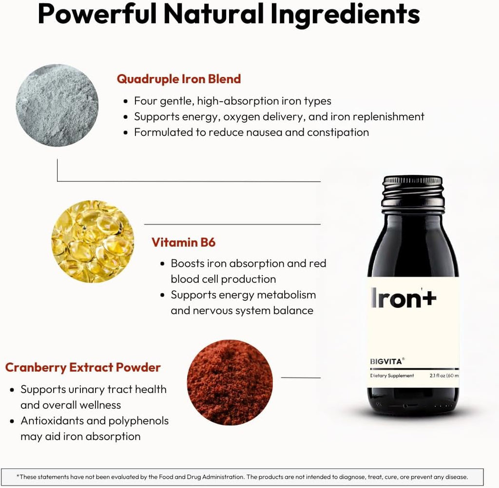 BIGVITA Iron+ | High Absorption Supplement with Microencapsulated Iron Drops + Folate, B6 & Cranberry Extract | No Metallic Taste, Mixed Berry Flavor, Gentle on Stomach | Energy & Hormonal Support