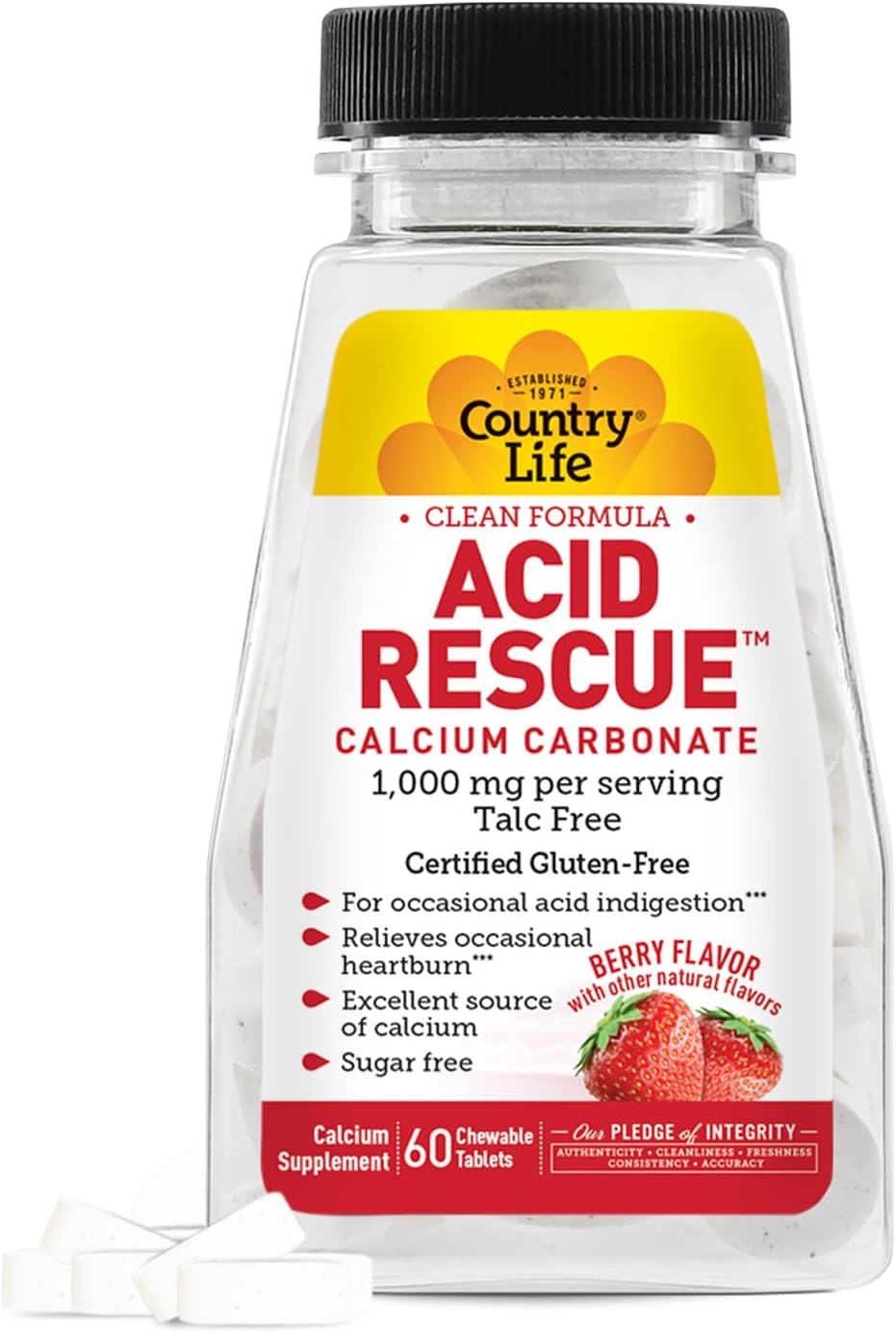 Country Life Acid Rescue Chewable Tablets - Certified Vegan & Gluten-Free Heartburn Relief, 400mg Calcium & Magnesium, Non-GMO, Sugar-Free Berry Flavor, Supports Bone Health, 60 Count