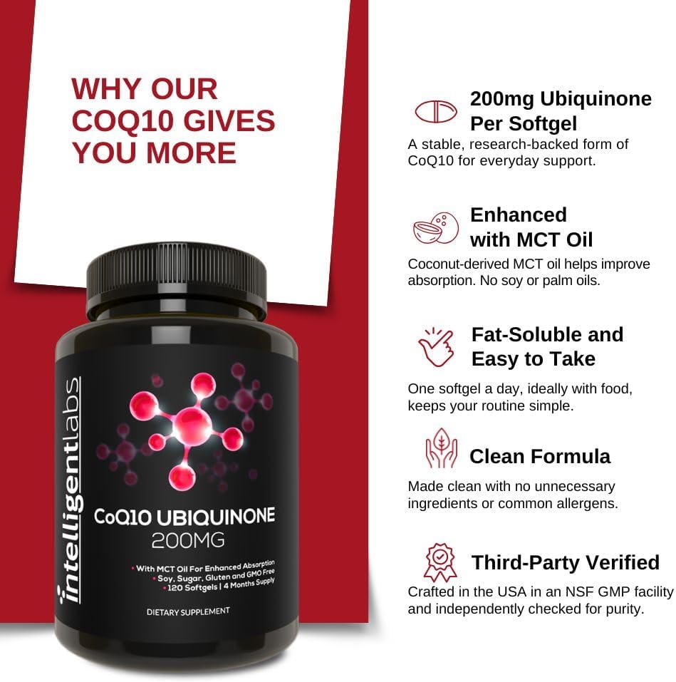 Intelligent Labs CoQ10 Ubiquinone 200mg Softgels | Coenzyme Q10 with MCT Oil for Max Absorption | Soy, Sugar, Gluten, and GMO-Free | 120 Servings | 120 Days Supply