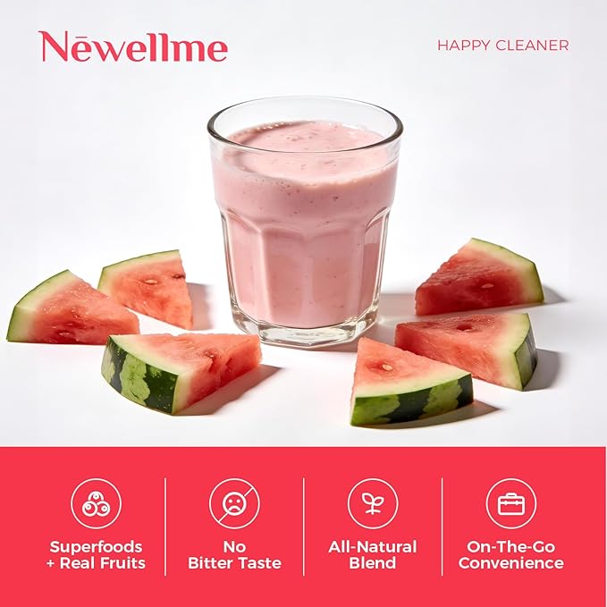 NEWELLME Happy Cleaner Digestive Supplement Powder, Gut Health Drink Mix with Probiotics, Digestive Enzymes & Fiber, Supports Digestion and Bloating, Watermelon Flavor, 28 Sachets (2 Boxes)