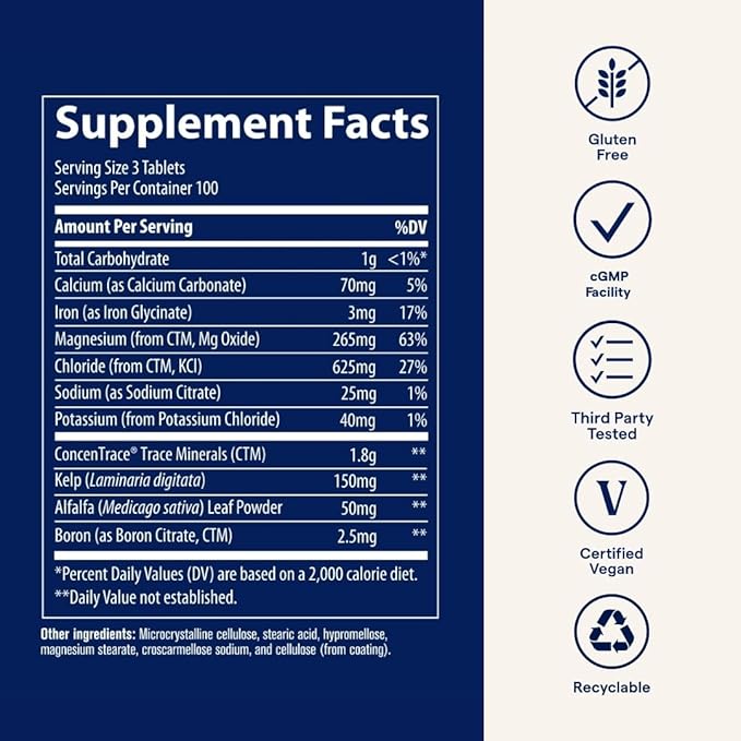 Trace Minerals ConcenTrace Trace Minerals Tablets - Daily Supplement for Overall Wellness - Natural Energy, Bone Strength, Healthy Connective Tissue & Immune System Support - 300 Count (100 Servings)