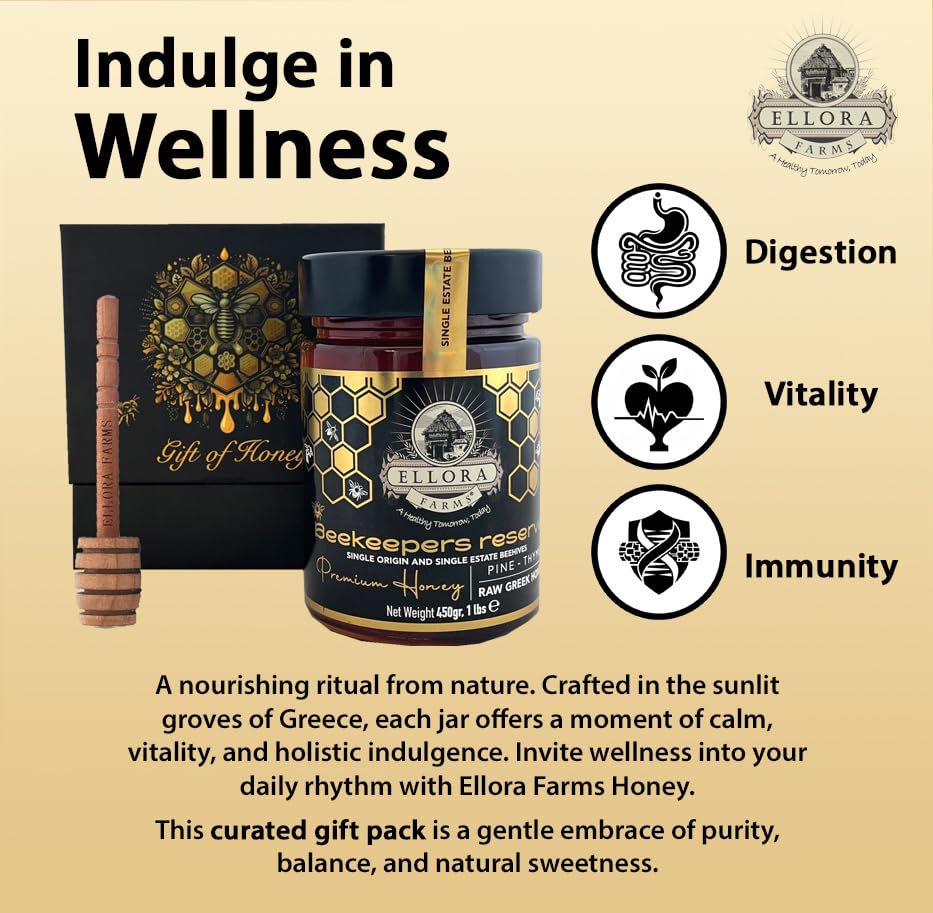 Ellora Farms Greek Honey Single Estate PDO, Pine & Thyme Raw Honey Unfiltered, Beautiful Gift Pack with Dipper, Beekeepers Reserve, Pure Raw & Unfiltered Cold-Pressed, Gluten Free - 450 g
