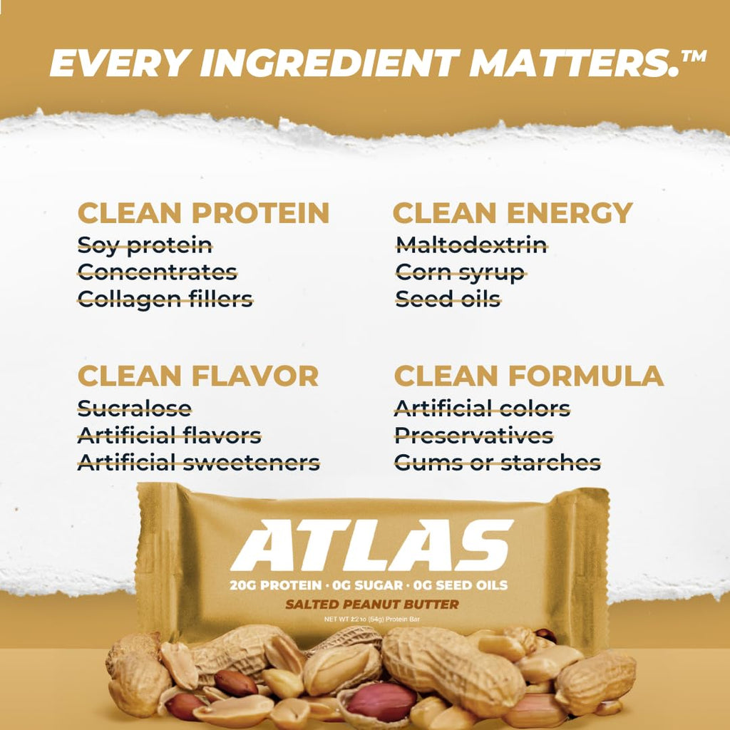Atlas Bar – 20g Protein, 1g Sugar, 0g Seed Oils, 0g Artificial Sweeteners (12 Count, Salted Peanut Butter)