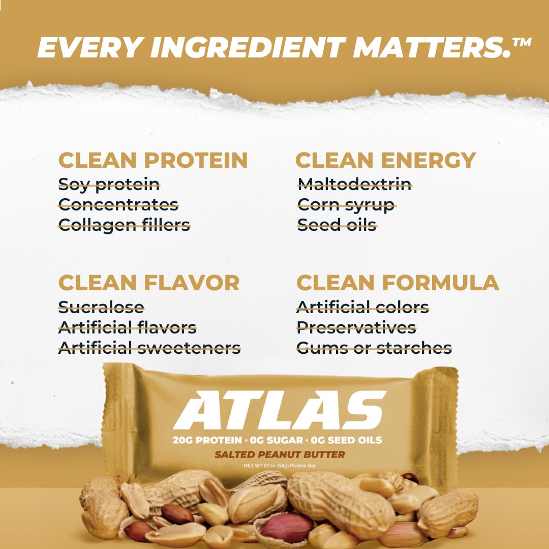 Atlas Bar – 20g Protein, 1g Sugar, 0g Seed Oils, 0g Artificial Sweeteners (12 Count, Salted Peanut Butter)