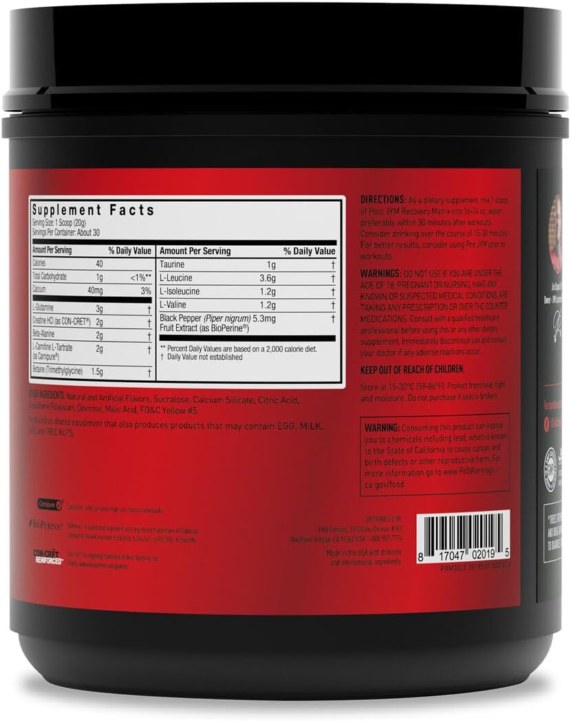 Post JYM Active Matrix Amino Recovery Powder | Pure Creatine HCL, BCAA’s, Glutamine, Carnitine, Betaine, Taurine for Maximum Strength, Repair, Definition, Performance | Lemonade Flavor 30 Servings