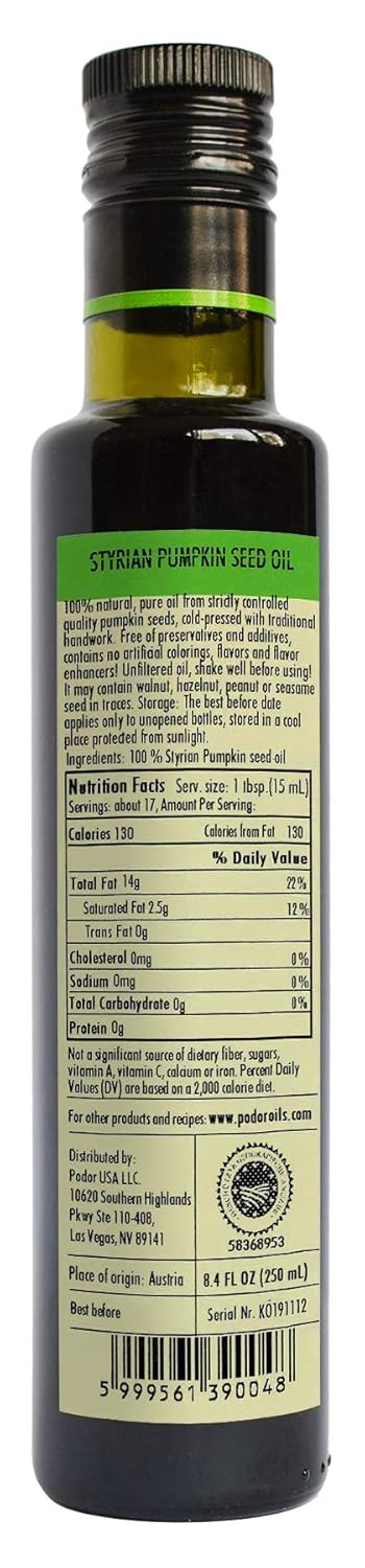 PÖDÖR Premium Styrian Pumpkin Seed Oil - 8.4 fl. Oz. - Cold-Pressed, 100% Natural, Unrefined and Unfiltered, Vegan, Gluten-Free, Non-GMO in Glass Bottle