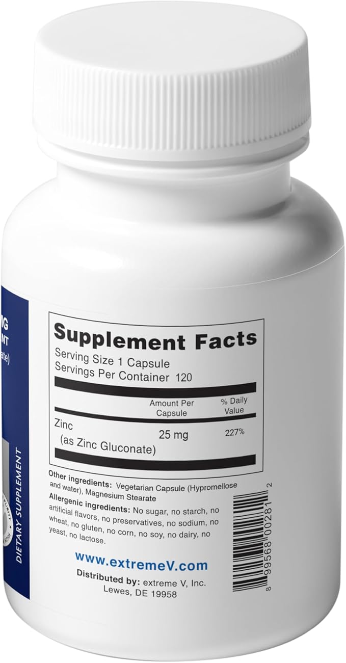 Gluzin Zinc Gluconate 25 mg | Immune & Enzyme Support - Vegan Friendly (120 Vegetarian Capsules)