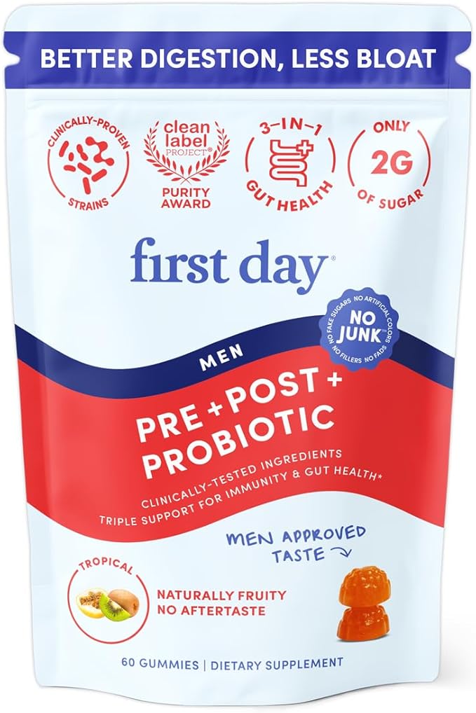 FIRST DAY 3 in 1 Probiotics for Men - Prebiotic, Probiotic & Postbiotic Supplement – Mens Probiotic for Digestive Health, Oral Health, Immune Function, Energy, Gut Health for Men – 30-Day Supply