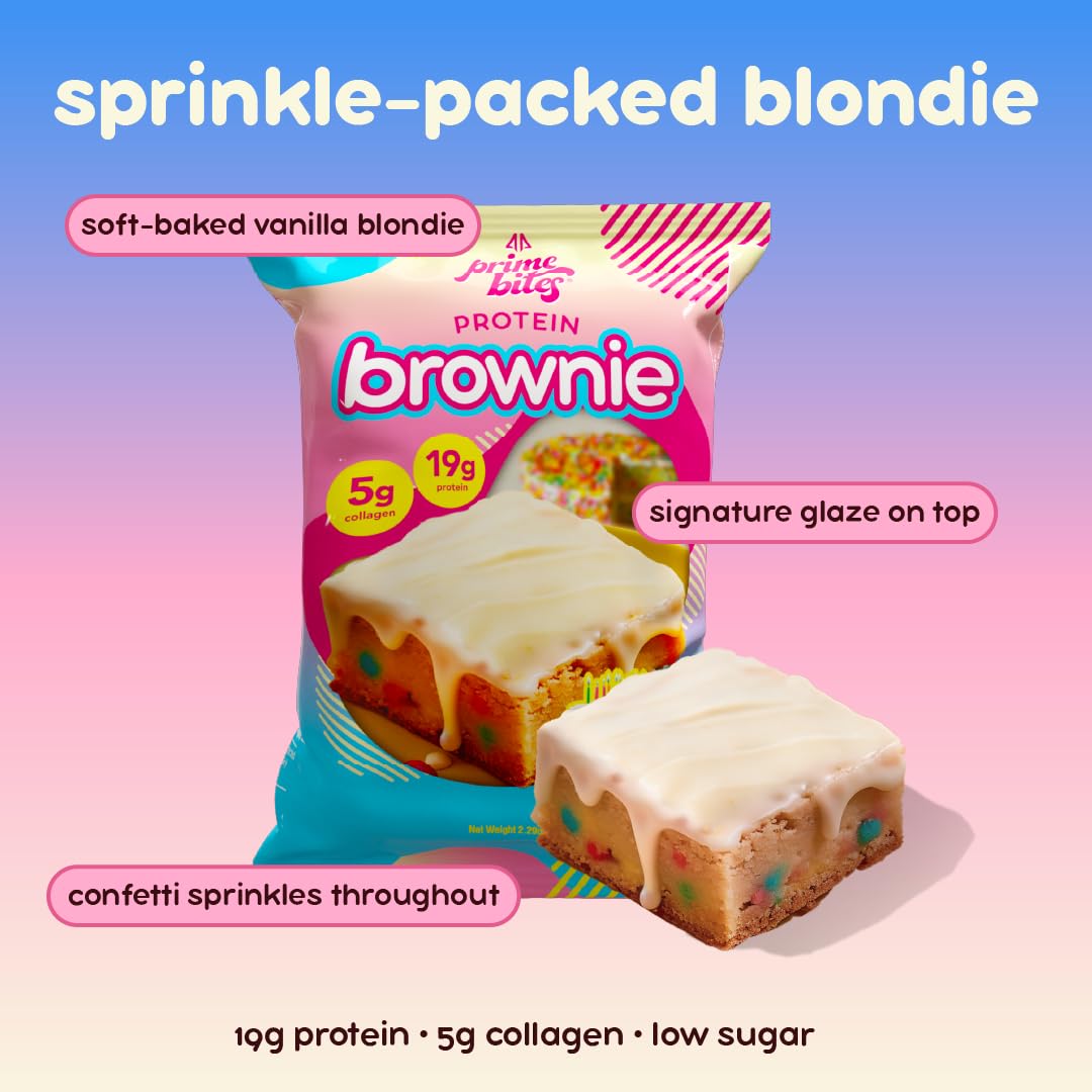 Prime Bites Protein Brownie from Alpha Prime Supplements | High Protein, Collagen Fortified Low Sugar Treat | Delicious Snack | 12 Bars per Box (Birthday Cake Blondie)