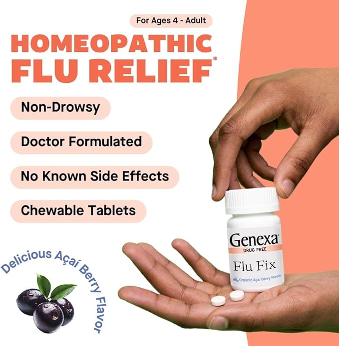 Genexa Flu Fix | Multi-Symptom Flu Remedy for Kids & Adults | Relieves Aches, Fever, Congestion | Acai Berry Flavor | Organic & Non-GMO | Homeopathic Remedy Made Clean | 60 Chewable Tablets, Ages 4+